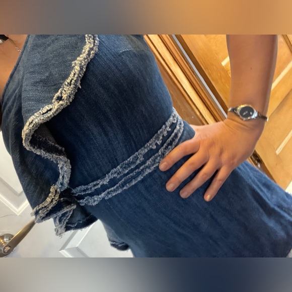 ALEXIS Denim Romper One Shoulder Asymmetrical Ruffle Jean Short JumpSuit BLAKELY - Picture 7 of 15